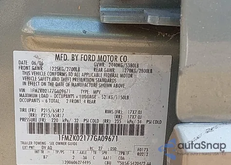 2007 Ford Freestyle Sel from USA, damaged, VIN 1FMZK02177GA09671